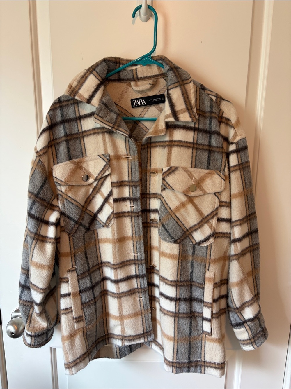 ZARA Plaid Shacket in Cream, Tan & Gray